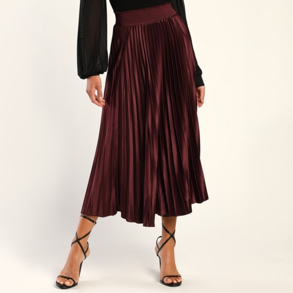 Lulus Sophisticated Vision Plum Satin Pleated Midi Skirt Purple - Size S